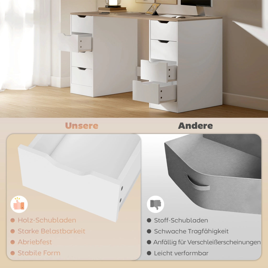 Scrivania 140 cm con 8 cassetti ¨C Xylo ¨C legno e metallo bianco per ufficio e camera
