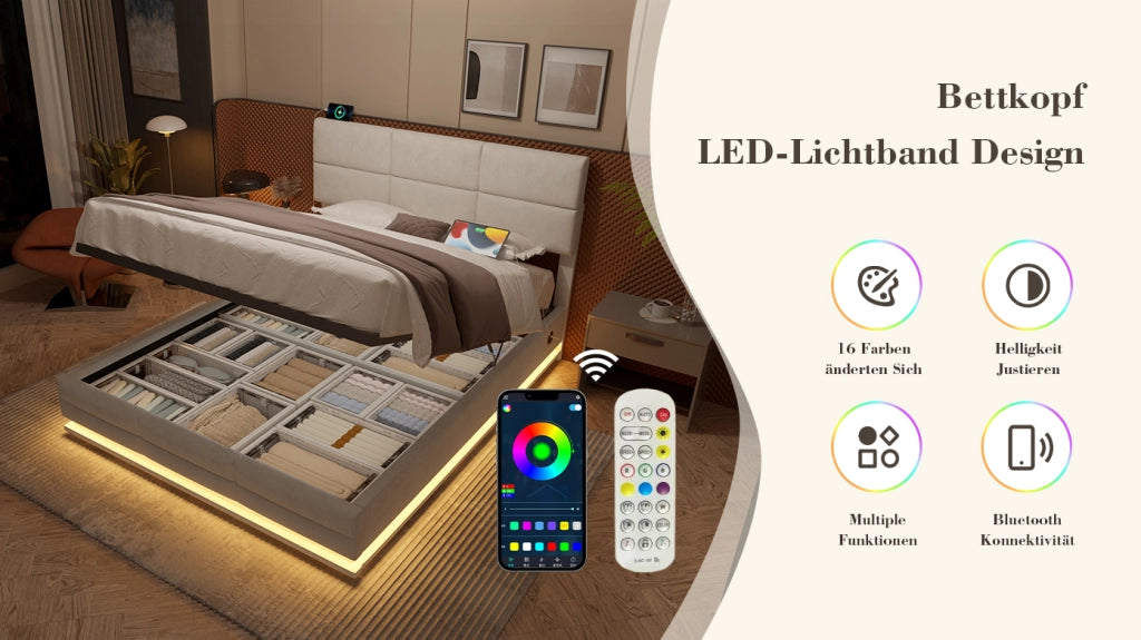 DESMIU Letto contenitore 140 × 200 cm 2 posti con LED regolabile, USB e Type-C, testiera regolabile, senza materasso, velluto beige
