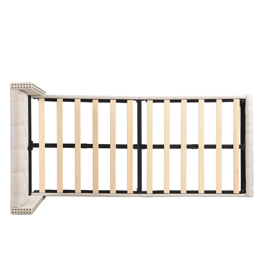 Letto imbottito 90x200 cm; testiera trapuntata e piedi rinforzati; lino beige (Senza materasso)
