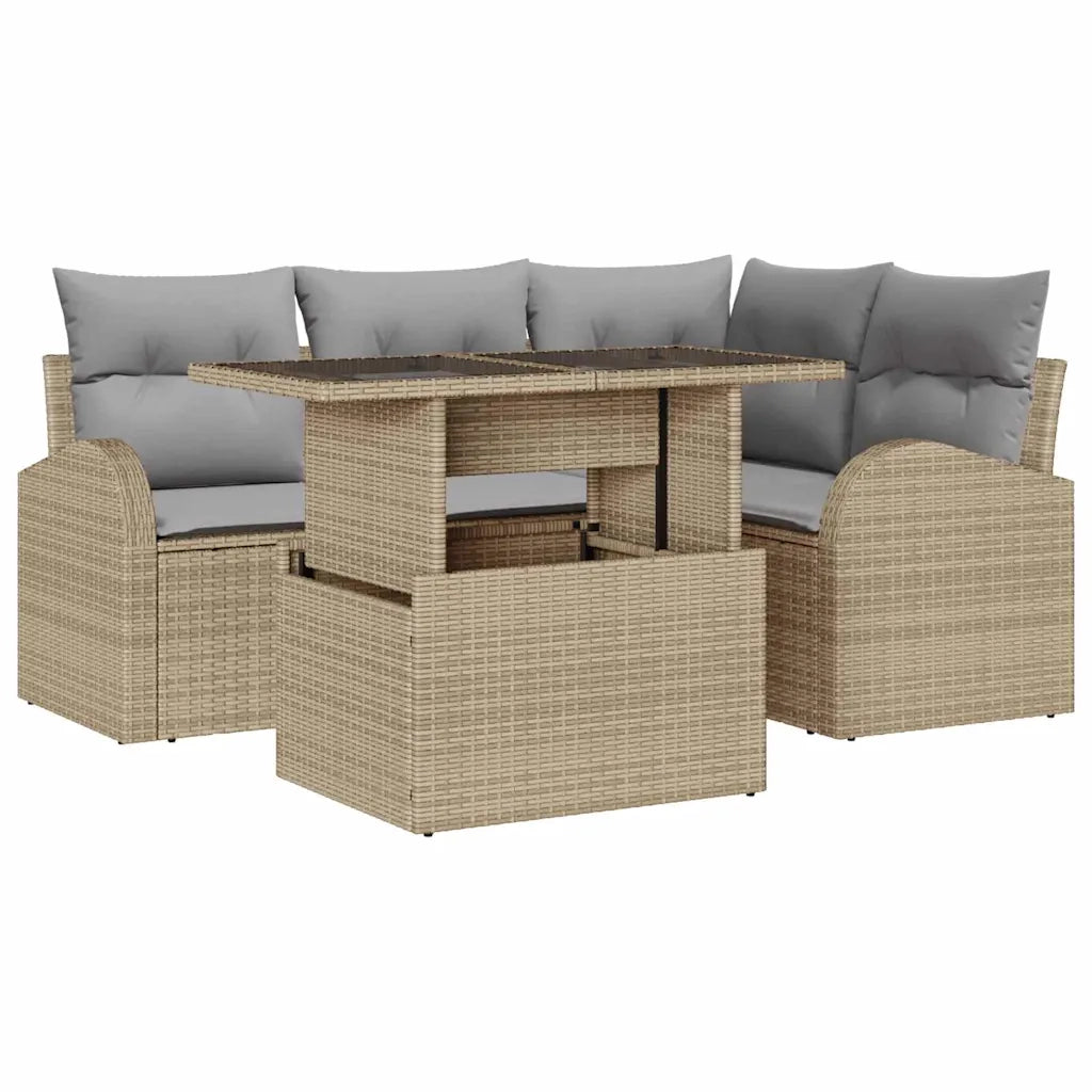 Set Divano da Giardino con cuscino 5 pcs Beige Poly Rattan
