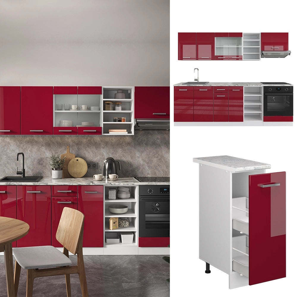 Cucina componibile R-Line Rosso lucido/Bianco 240 cm, PL Marmo Vicco