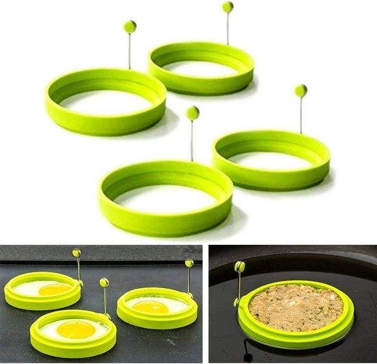Set di anelli di silicone (4 pezzi) - Pad antiaderente a forma di pancake - Stampino a forma rotonda con manico (verde)