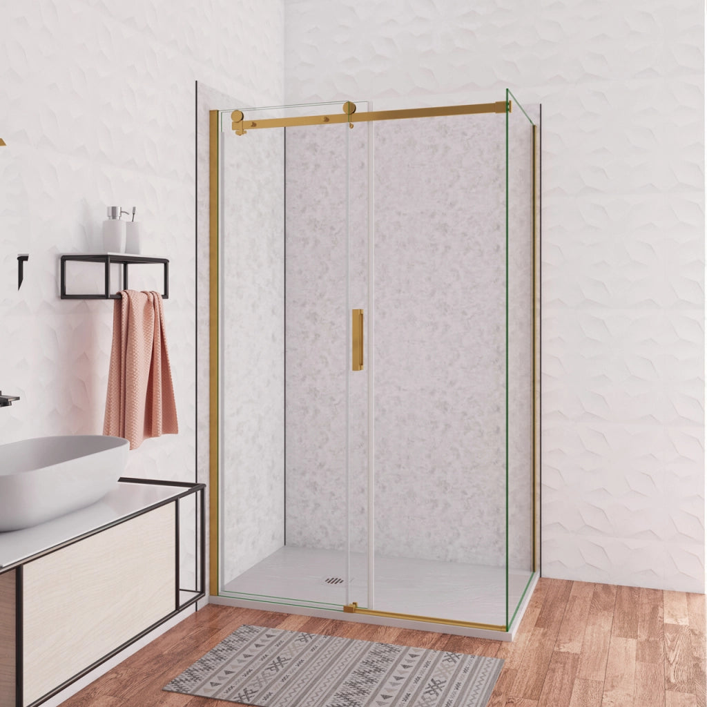 Box Doccia Angolare 120X80 cm H.195 cm Porta Scorrevole con Parete Fissa Vetro 8 mm Temperato Anticalcare Trasparente Telaio Cromo Dorato