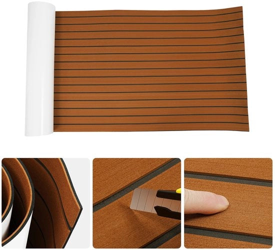 Pavimento in gomma EVA autoadesivo 240×90x0.6cm con design a strisce marine, imitazione di legno di teak, lavabile