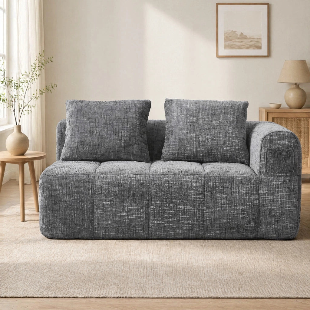 Divano con chaise longue in chenille grigio; 158x90x60 cm; con tasche laterali e cuscino