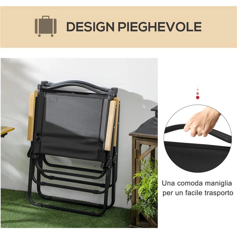 SET 2 SEDIE PER ESTERNI PIEGHEVOLI CON BRACCIOLI IN TESSUTO OXFORD E ACCIAIO NERO