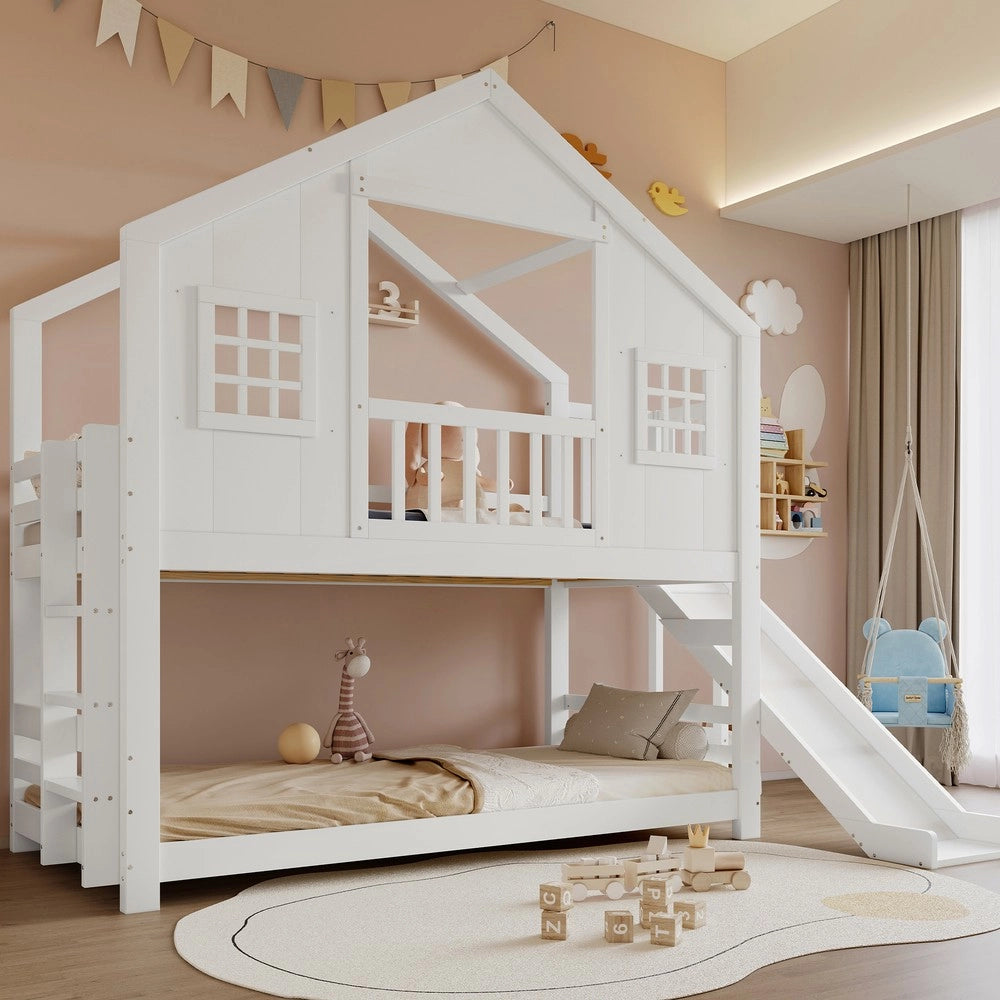 Letto a Castello con Scivolo per Bambini ¨C Xylo ¨C Pino/MDF, Bianco, 90x200