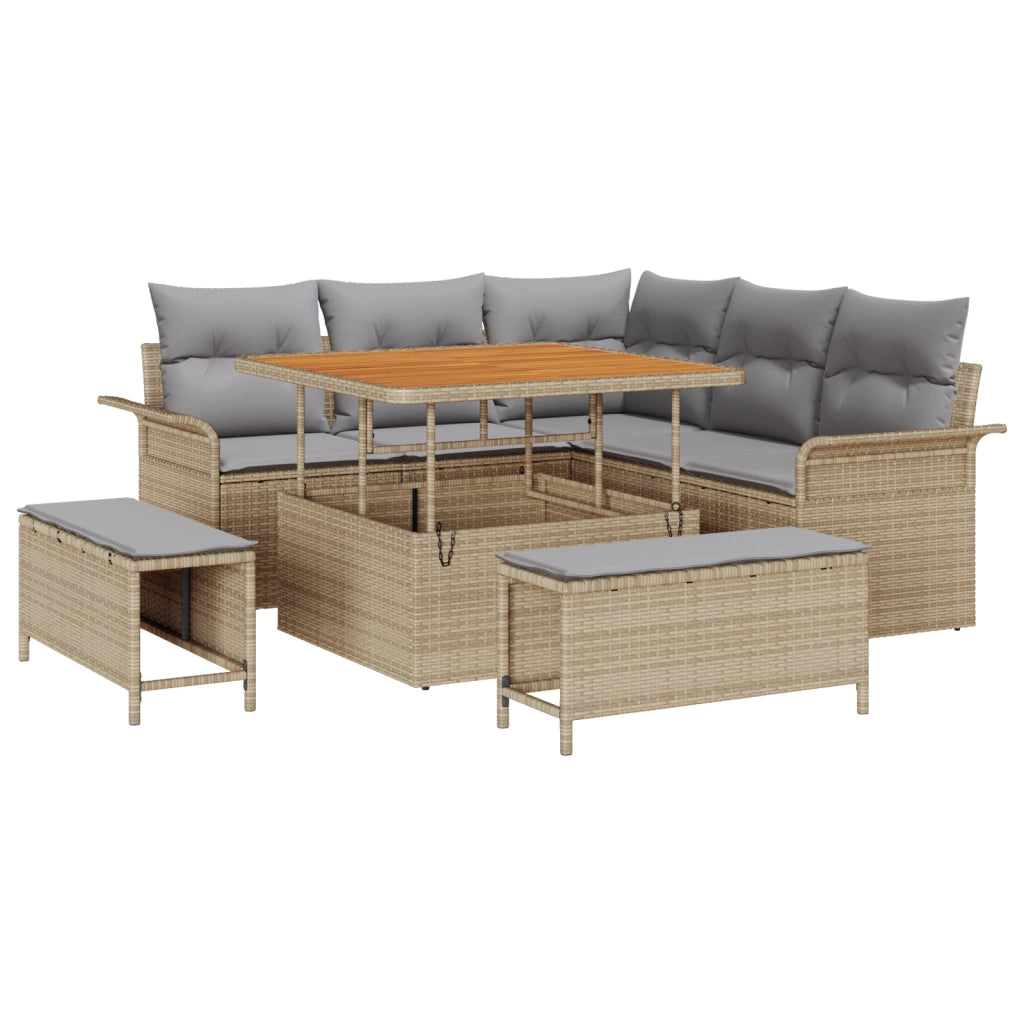 Set di Divani da Giardino 8 Pezzi con Cuscini Beige in Rattan Polimerico Acacia