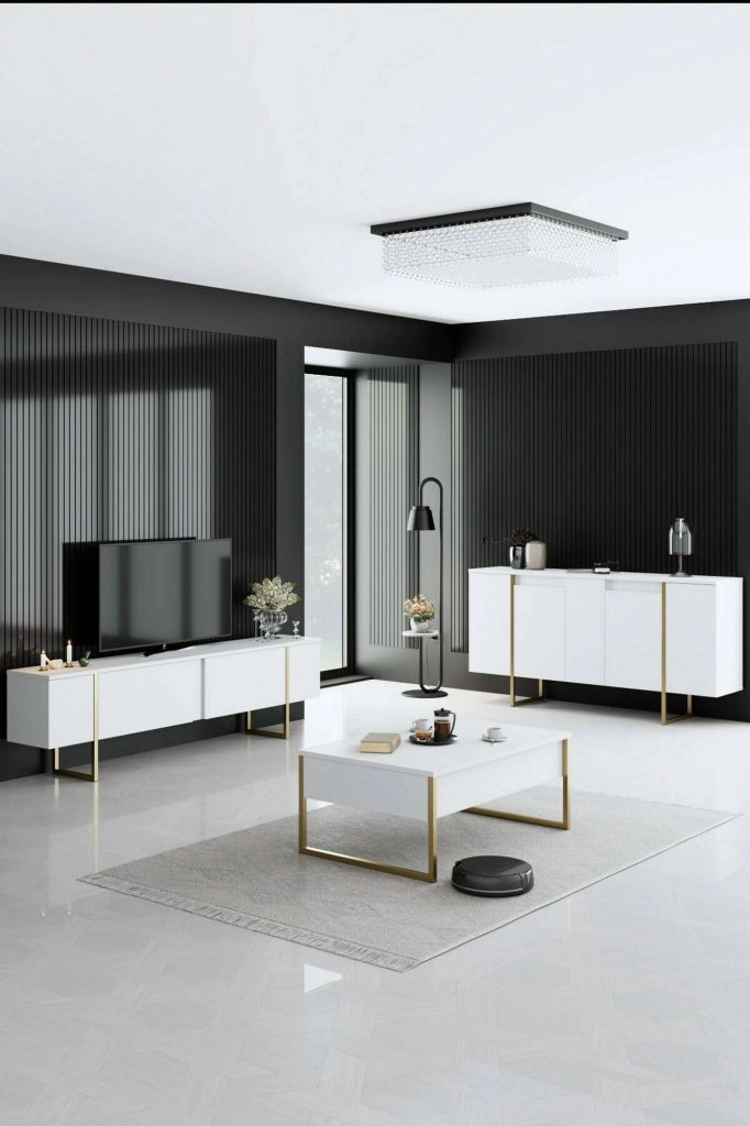Credenza Arta, Buffet da soggiorno, Madia da salotto, Dispensa da cucina, 160x35h80 cm, Bianco e Oro