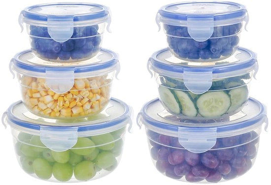 Contenitori di cibo con coperchio, rotondi, set da 6, 0,3 l, 0,6 l, 1,05 l, contenitori di plastica BPA libera, ripiegabili, aereostatici, lavastoviglie, microonde e congelatore resistenti (blu)