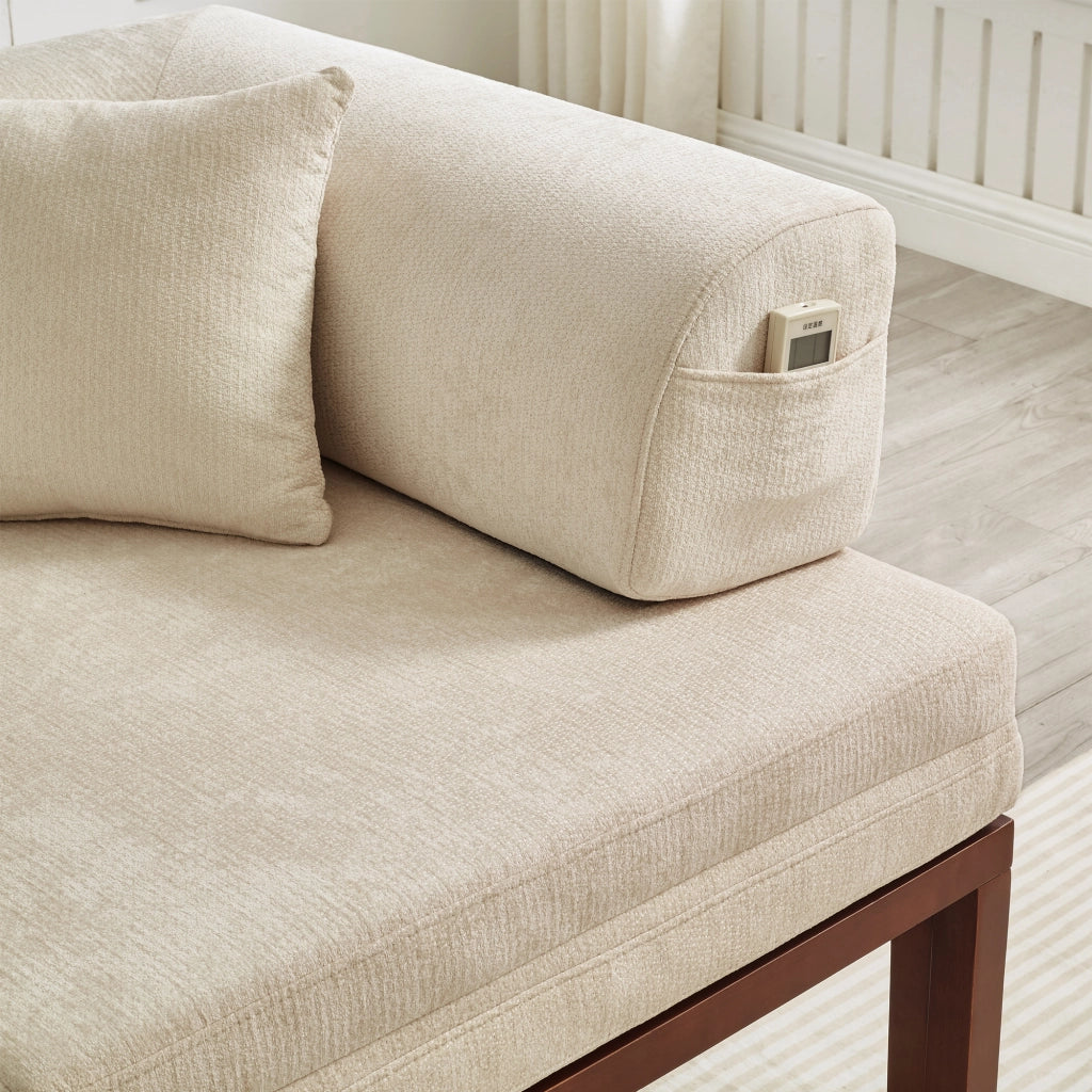 Divano letto pieghevole in legno massello con letto estraibile singolo, beige