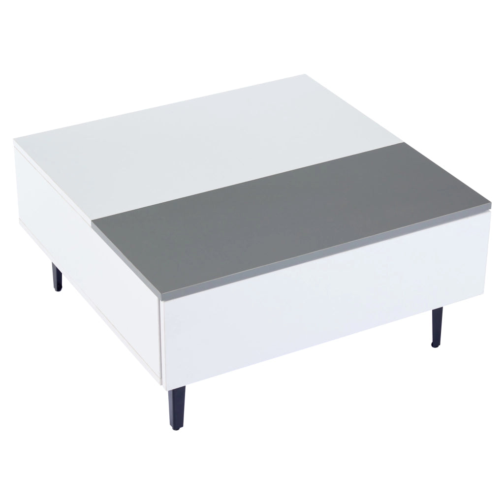 Tavolino da soggiorno sollevabile 70×70×35 cm con LED, vano contenitore e cassetto, bianco e grigio