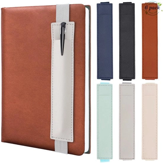 Pen holder per 6 penne, portatile, con cinturino elastico, taccuino per note e penna, con fodero in pelle PU, 6 colori, 16,5 x 3,5 cm