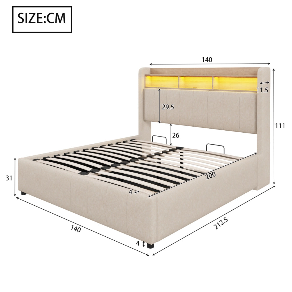 Letto matrimoniale imbottito 140x200 cm con LED; USB e contenitore idraulico; beige