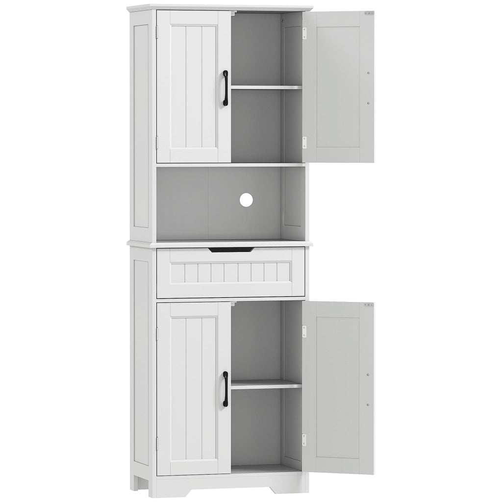 Credenza Cucina 60x30x172 cm con 2 Armadietti Cassetto e Piano Centrale con Passacavi in MDF Bianco