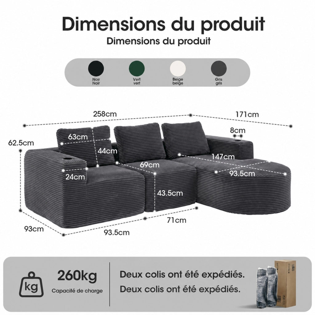Divano 2 posti imbottito in poliestere con tre cuscini e doppio portabicchieri grigio scuro 265 × 176 × 60 cm