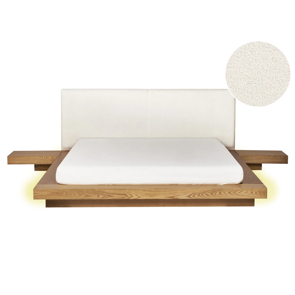 Letto a LED in stile giapponese in frassino naturale 160 x 200 cm testata in legno impiallacciato bouclé camera da letto a basso profilo