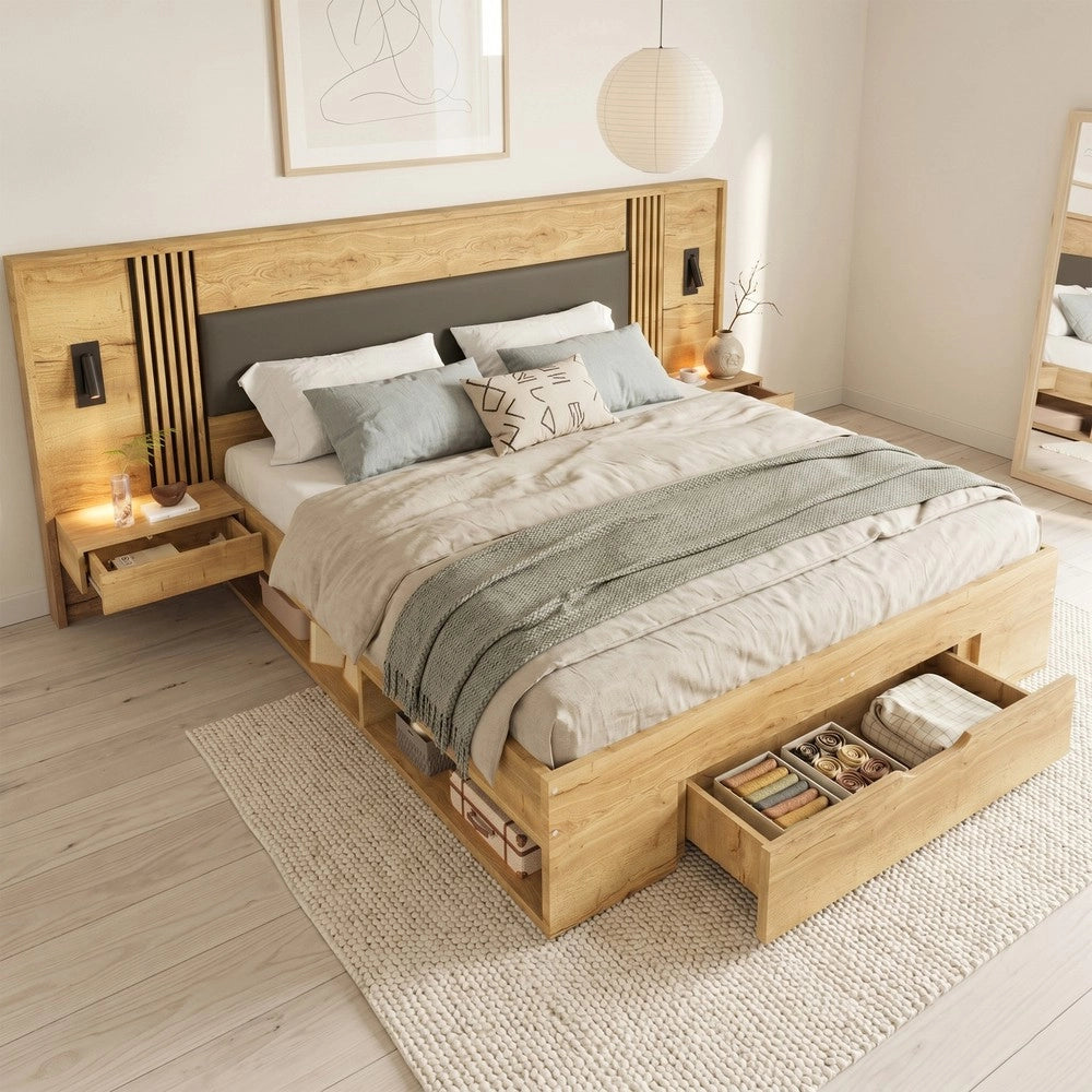 Letto Contenitore Matrimoniale con Materasso e Cassetti ¨C Xylo ¨C Naturale 160x200