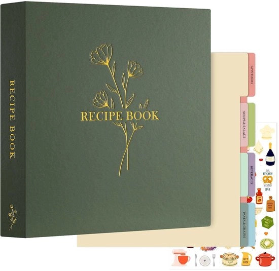 Libro di Ricette in Pelle di Pelle Liscia - 116 Pagine - 60 Fiches di Ricetta - 8 Fogli di Separazione - Etichette e Adesivi - Libro di Ricette