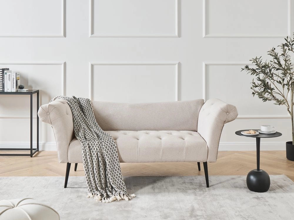 Chaise Longue in tessuto beige chiaro e Gambe con gambe in metallo dorato