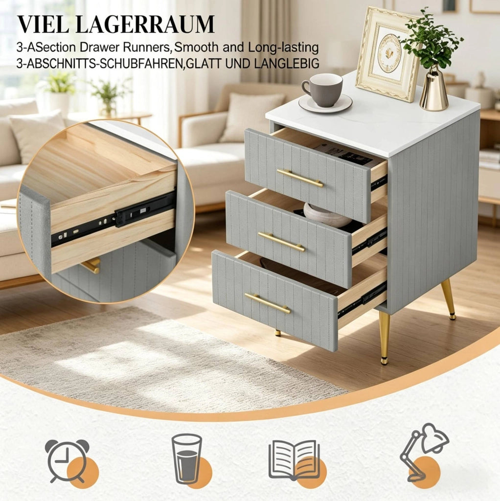 Comodino grigio con 3 cassetti in MDF, velluto e legno massello, 40,5x62x41 cm