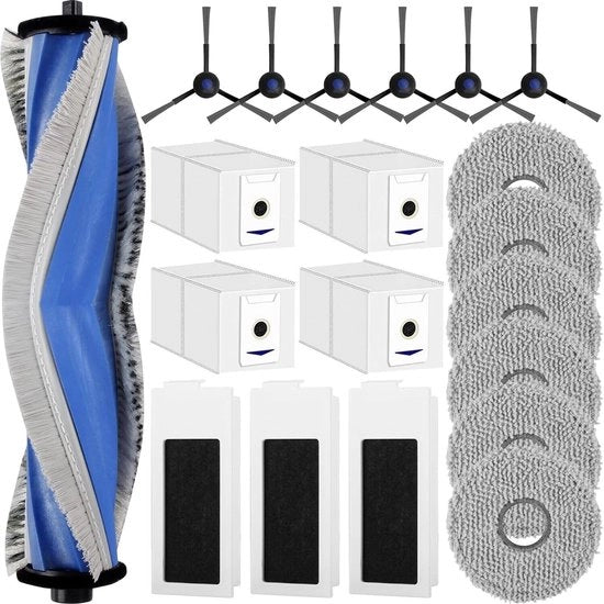 Kit accessori 20 pezzi adatto per robot aspirapolvere ECOVACS DEEBOT T30 PRO Omni / T30 Omni / T30 Max, comprensivo di 1 spazzola in gomma, 4 contenitori per polvere, 6 spazzole, 3 filtri, 6 setole laterali e pezzi di ricambio per l'aspirapolvere robot.