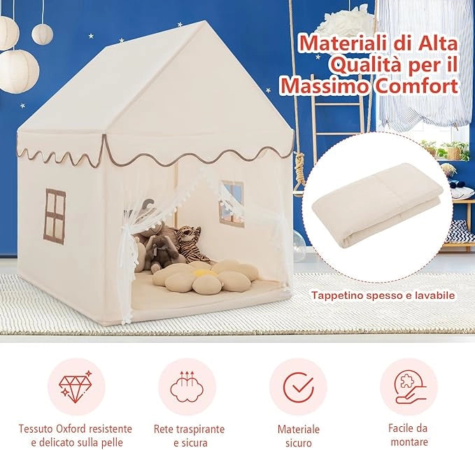 Tenda da Gioco per Bambini, Casetta per Bambini con Struttura in Solido Legno, Tappetino di Cotone, Tenda a Rete e Finestre, 105x120x140 cm (Beige)