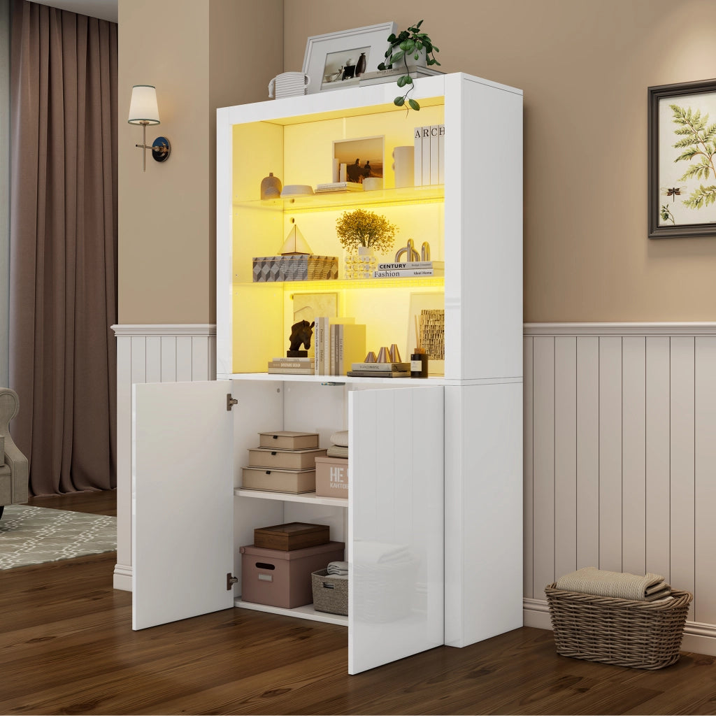 Vetrina con LED e ripiano in vetro temperato, 2 ante e vano contenitore, per soggiorno, bianco, 100 × 35 × 170 cm