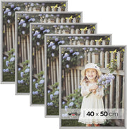 Cornice per Foto 40x50 cm Set di 5 da Parete e Tavolo, Portafoto con Cornice in Legno Massello e Pannello in Plastica, Collage Foto, Argento