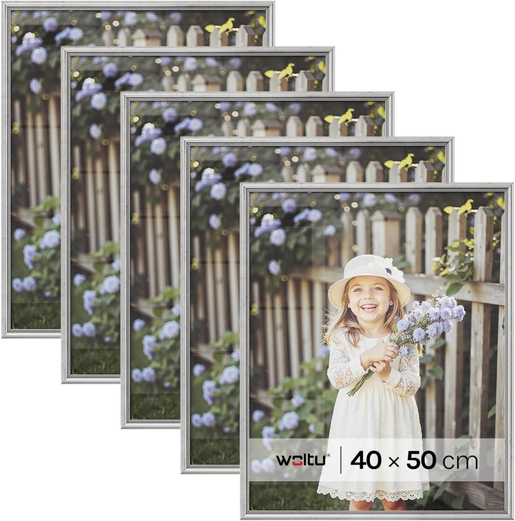 Cornice per Foto 40x50 cm Set di 5 da Parete e Tavolo, Portafoto con Cornice in Legno Massello e Pannello in Plastica, Collage Foto, Argento