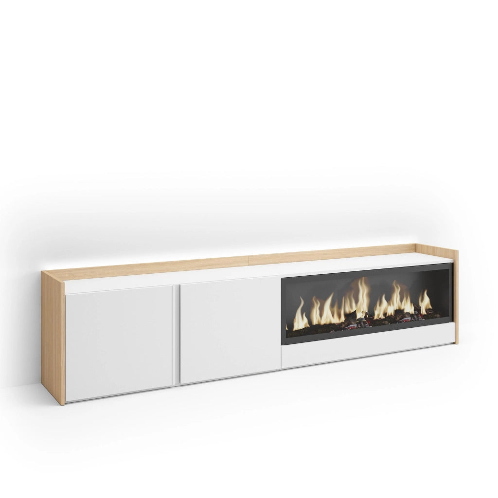 Mobile TV Soggiorno, 212x50x35 cm, Per TV fino a 80", Camino elettrico XXL, LED, Bianco e Rovere soft