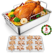 Scatola per forno in acciaio inossidabile con griglia V e griglia di raffreddamento a 3 pezzi 358 x 267 x 9 cm - Scatola per forno profonda per tacchini, verdure, lasagna - Carico pesante