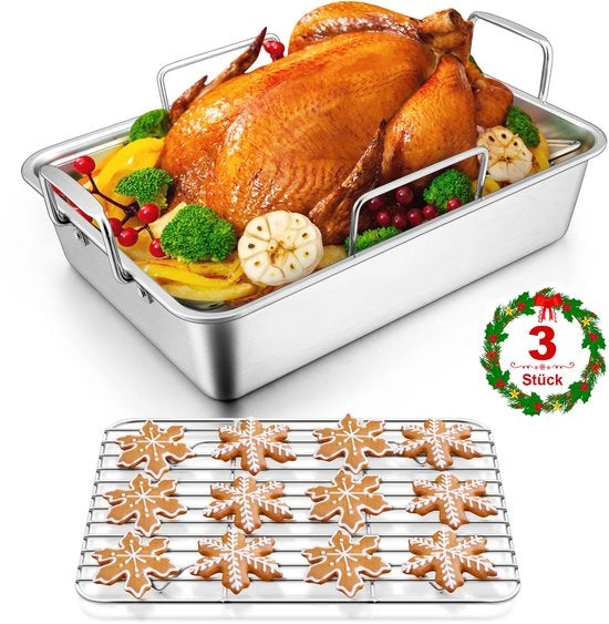 Scatola per forno in acciaio inossidabile con griglia V e griglia di raffreddamento a 3 pezzi 358 x 267 x 9 cm - Scatola per forno profonda per tacchini, verdure, lasagna - Carico pesante