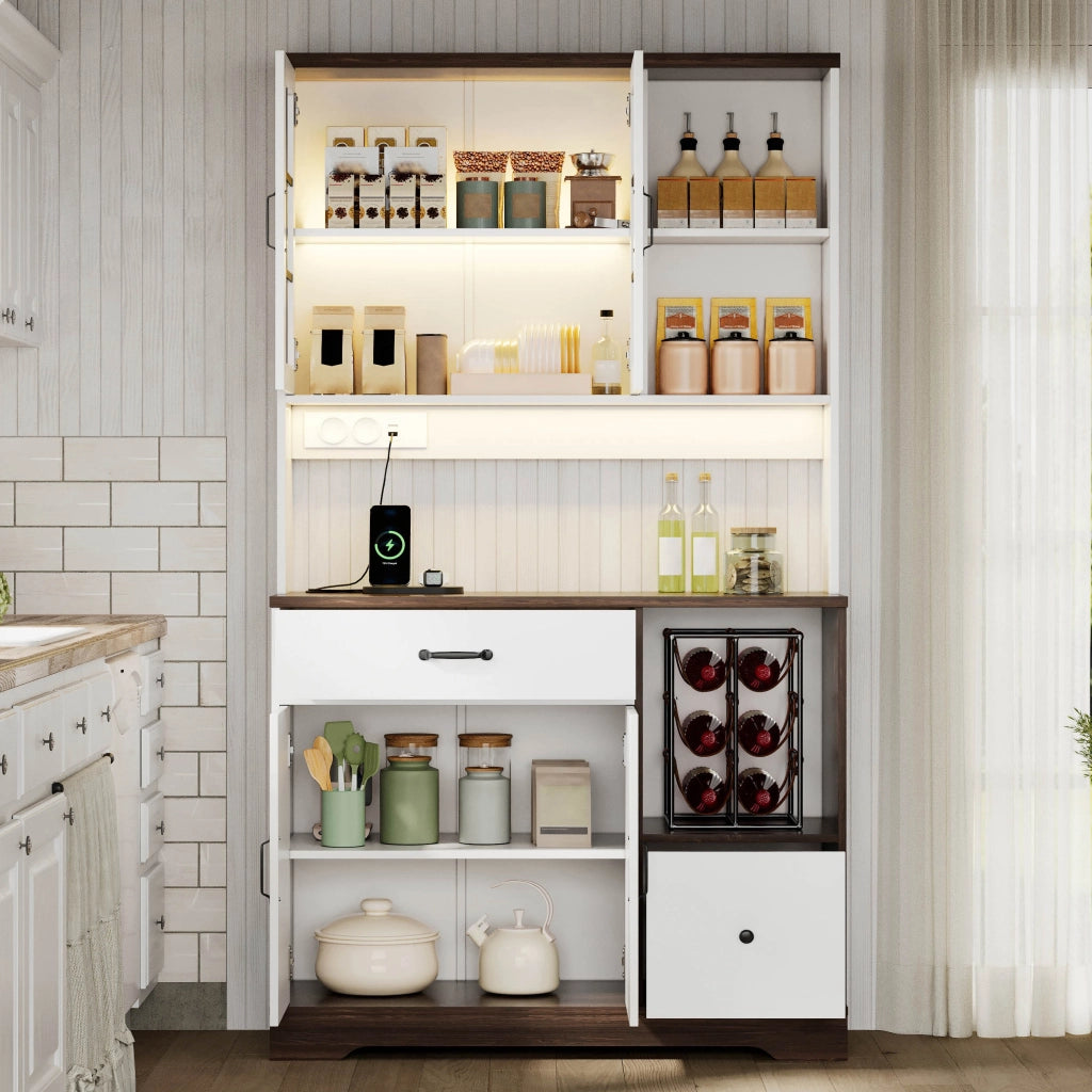 Credenza da cucina vintage con LED RGB, prese USB/AC, ripiani regolabili e cassetti, 105x40x185 cm