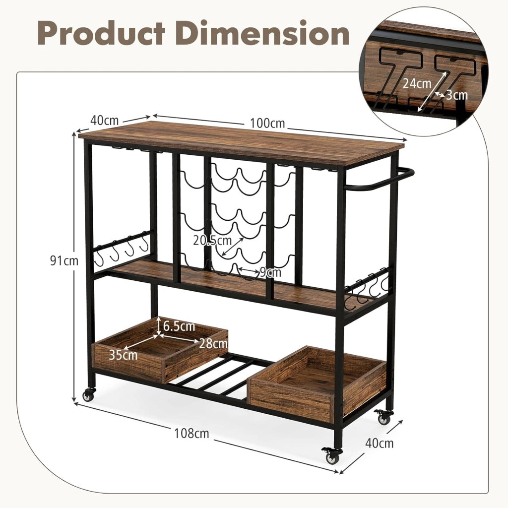 Carrello di Servizio Industriale a 3 Livelli, Carrello da Cucina con Portabicchieri, Porta Bottiglie, 107,5x40x91,5 cm