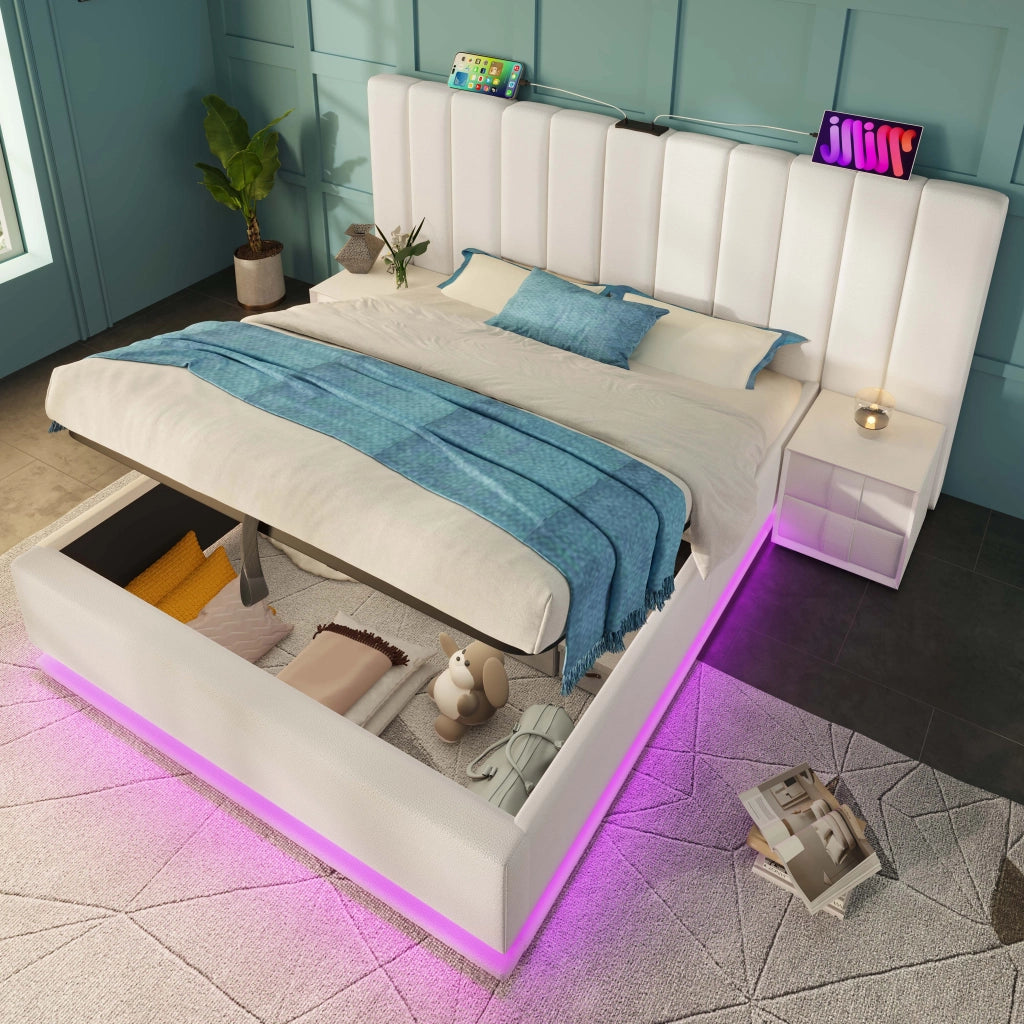 Letti contenitori 160x200 cm con LED e ricarica USB-C; PU bianco (Senza materasso)