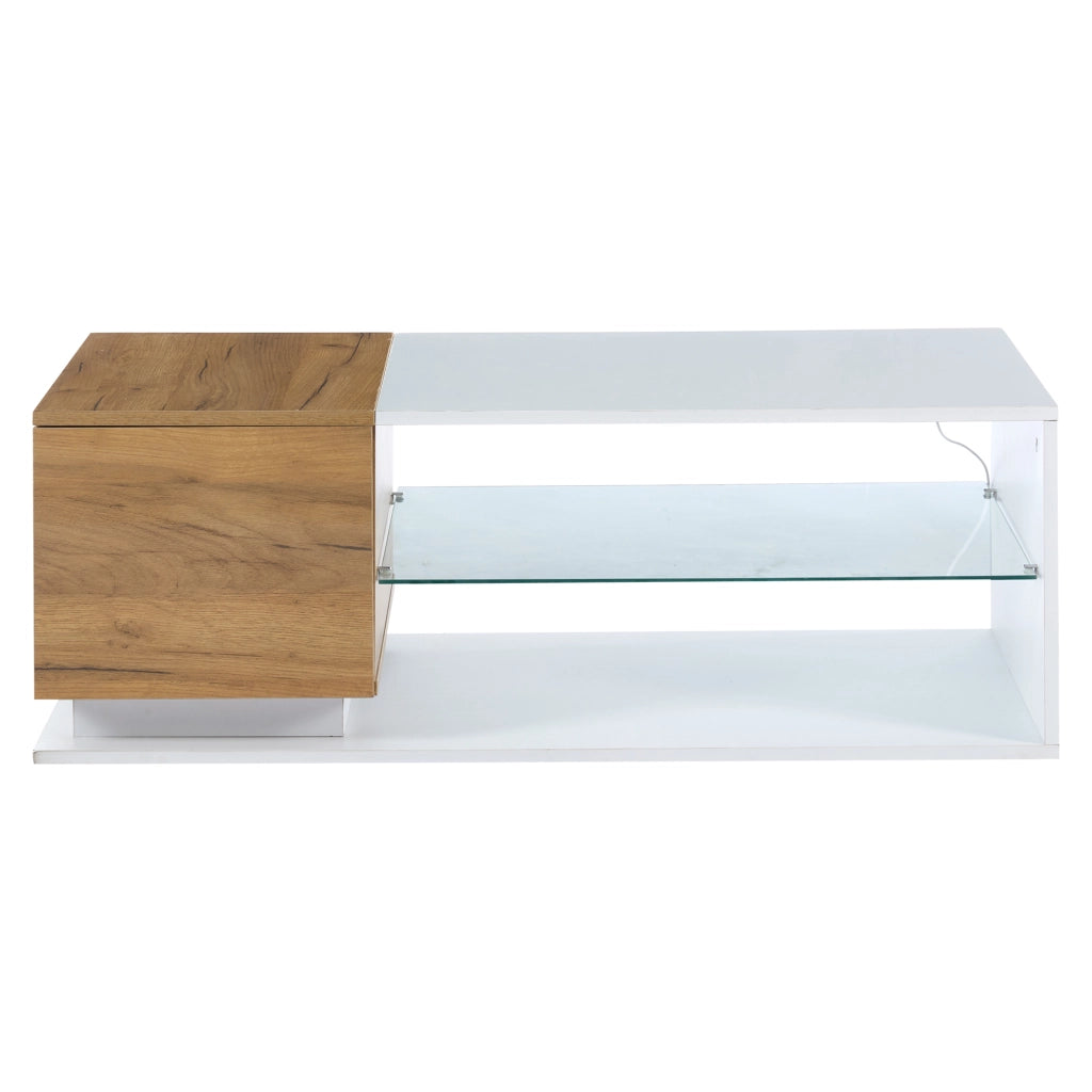 Tavolino da salotto LED con contenitore, finitura lucida, vetro temperato, 105x50x36 cm