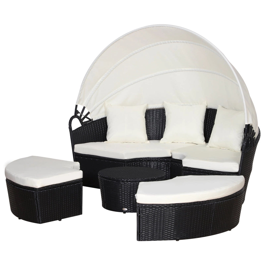 Set Salotto da Giardino in Rattan Divano Circolare con Tettuccio  Nero e Beige