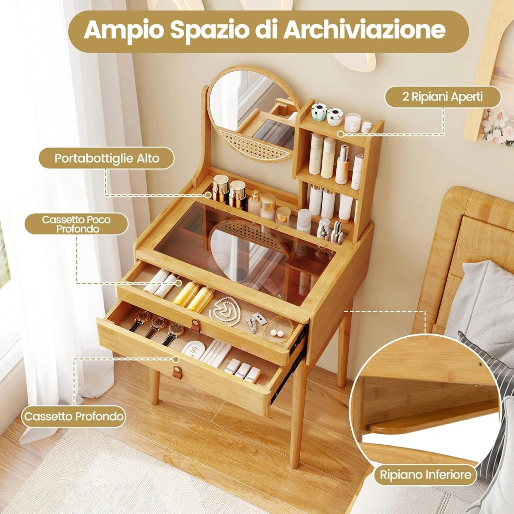 Toeletta da Trucco con Specchio Girevole, Tavolo da Toeletta con 2 Cassetti, Ripiani Aperto, Piano in Vetro, Consolle Trucco in Bambù per Camera da Letto, Soggiorno (1, Senza Sgabello)