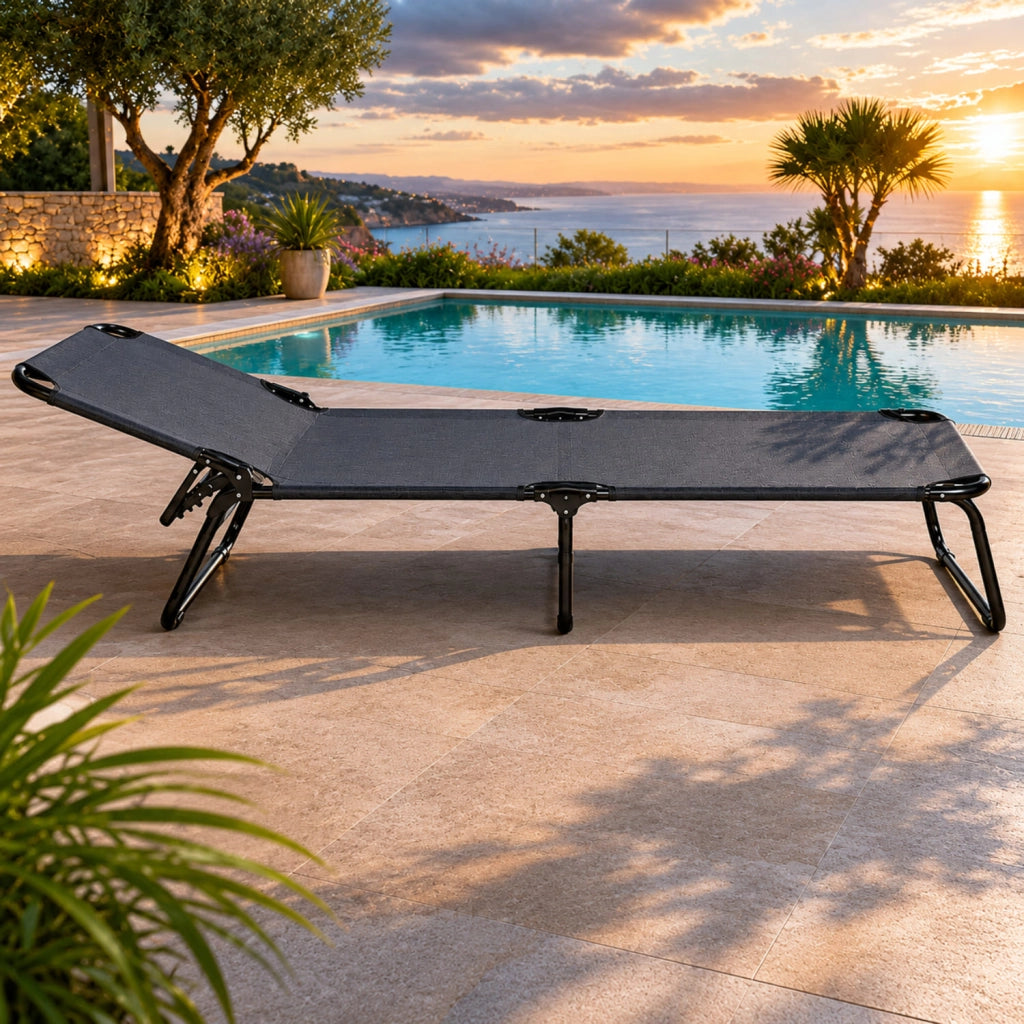 Lettino Pieghevole Prendisole Senza Tettuccio Parasole Schienale Reclinabile Regolabile Struttura In Metallo Nero Sedia Sdraio Per Spiaggia Mare Giardino Piscina 187 x 53 x 24 Cm Grigio Scuro