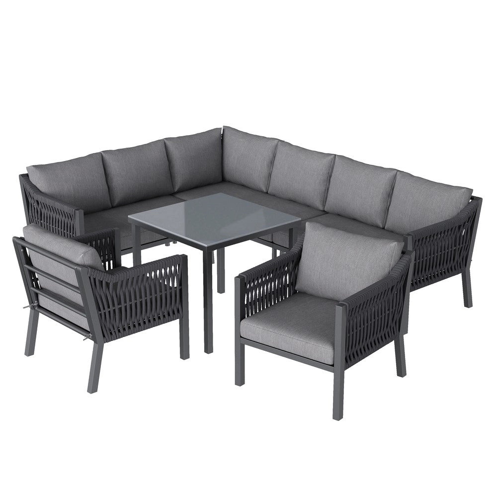 Set da Giardino 8 Posti con Tavolo in Vetro e Divano ad Angolo ¨C Xylo ¨C Grigio, Ferro, Corda
