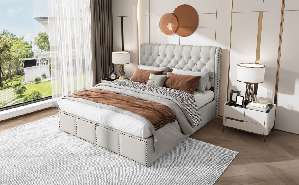 DESMIU Letto contenitore 140 × 200 cm 2 posti con vano, testiera alta, senza materasso, in lino, grigio