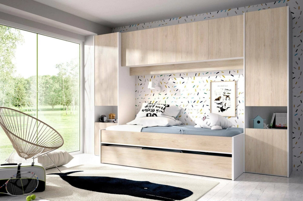 Letto per bambini Giustizia, Cameretta completa con armadio a ponte e cassettone, Composizione con letto e lettino singolo estraibile, 303x97h203 cm, Rovere e Bianco