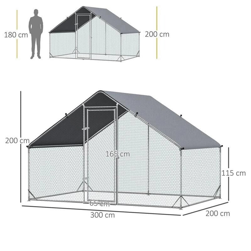 POLLAIO DA GIARDINO CON TELAIO ZINCATO, COPERTURA IMPERMEABILE E RETE ESAGONALE, 3X2X2M, ARGENTO