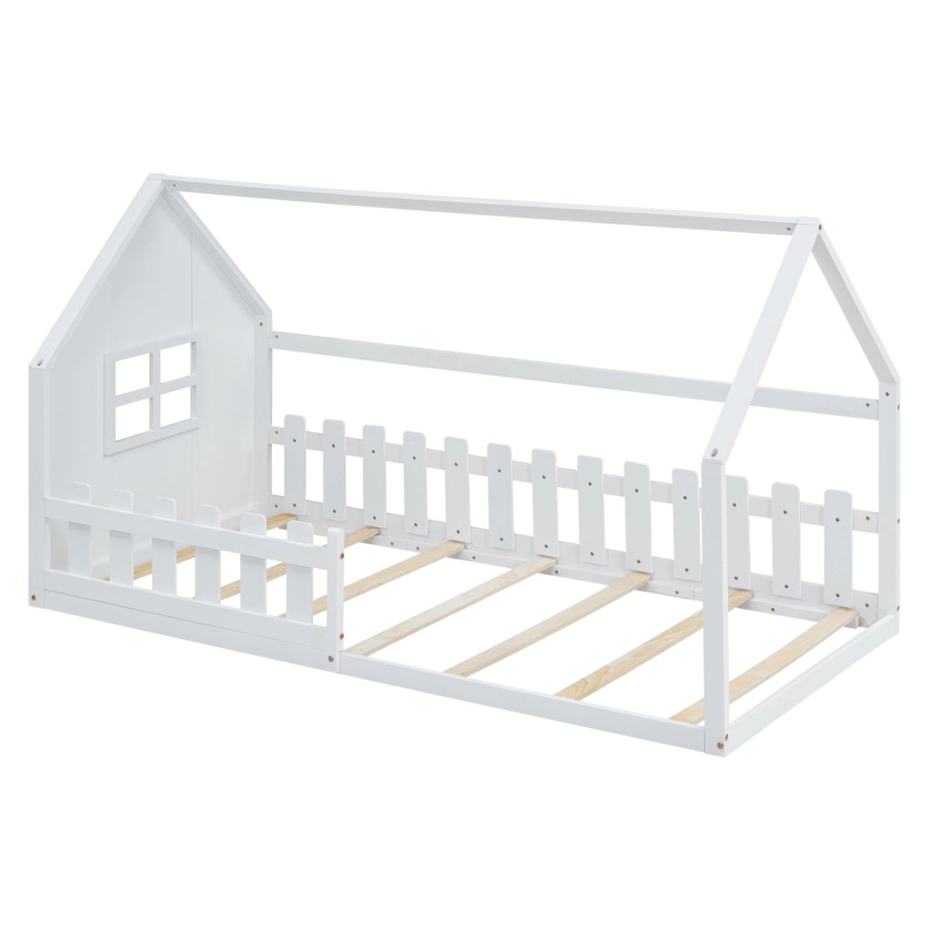 Letto per bambini 90x200 cm a forma di casetta; in pino e MDF; bianco
