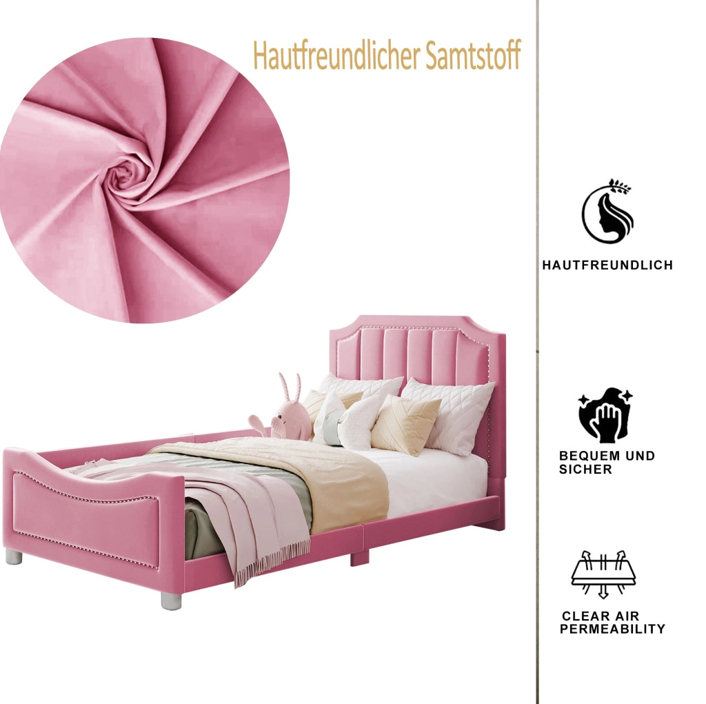 Letto imbottito per bambini 90x200 cm con testiera e pediera; flanella rosa