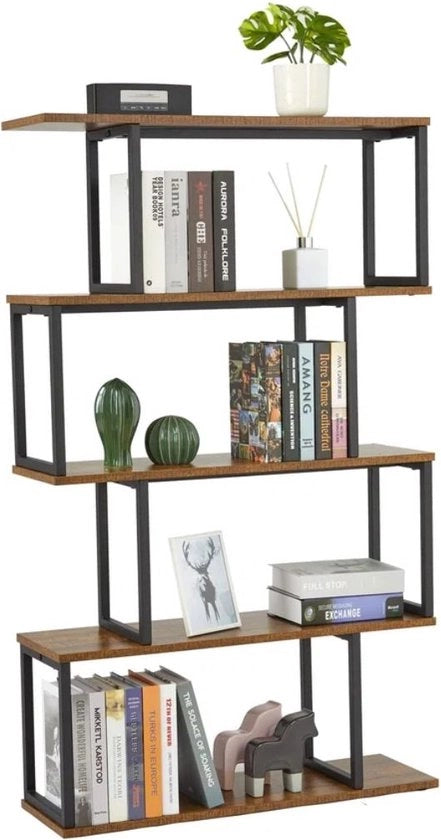 Cassettone, scaffale verticale a 4 livelli, comodino di legno, S, design industriale, 74 x 24 x 128 cm, scaffale decorativo per piante e libri, soggiorno, camera da letto, ufficio, marrone