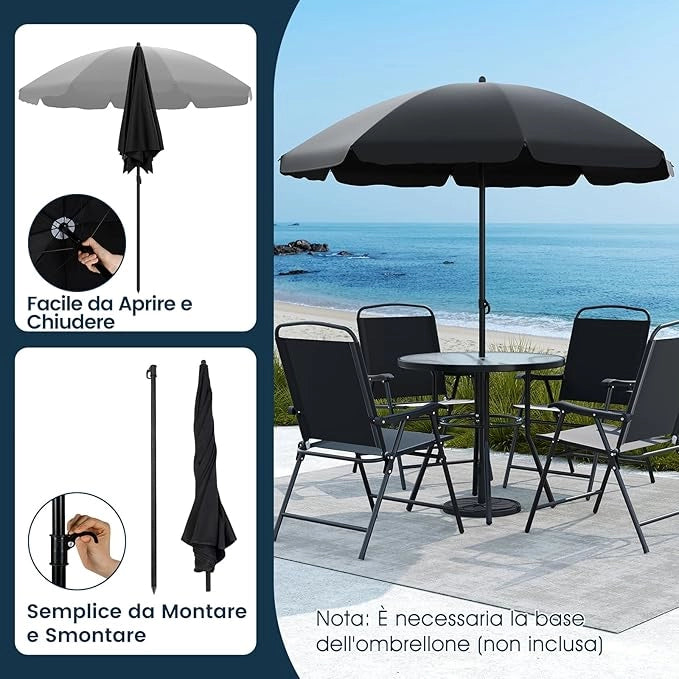 Set da Pranzo da Giardino a 6 Pezzi con Ombrellone, Tavolo e Sedie da Esterno con 4 Poltrone Pieghevoli e Tavolo Rotondo in Vetro Temperato per Giardino, Terrazza, Prato e Cortile