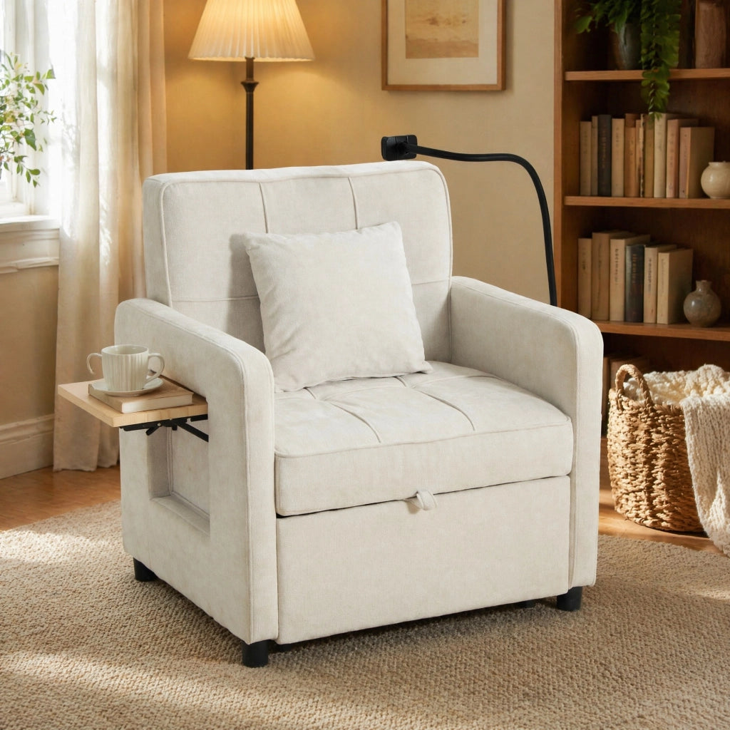 Poltrona convertibile 1 posto con spazio contenitore, vassoio e supporto telefono, Chenille Beige 167 × 79 × 83 cm
