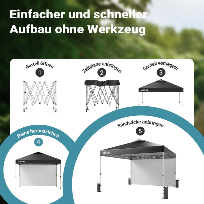 Gazebo pieghevole pop-up grigio, 3 x 3 m con parete laterale e ruote